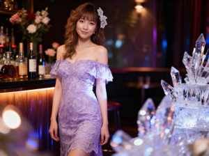 オフショルダーの袖がついた薄紫のレースのドレスを着て、髪に花を添えた若い女性が、薄暗...。