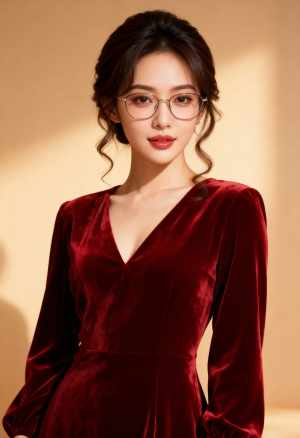 柔らかいベージュの背景に、赤いベルベットのドレスを着て眼鏡をかけ、自信を持ってポーズ...。