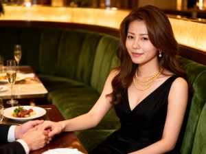 黒いドレスと真珠のネックレスを身に着け、レストランのテーブルに座り、男性と手を繋いで...。