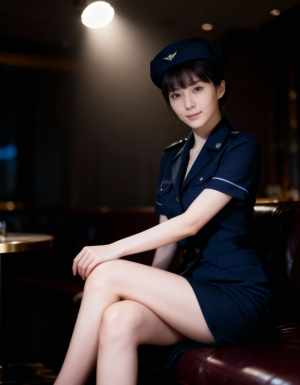 薄暗い部屋で革張りのソファに座る客室乗務員の制服を着た若い女性を横から撮影した写実的な写真。