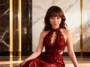 大理石の壁と金色のアクセントが施された豪華なロビーに、赤いスパンコールのドレスを着た...。