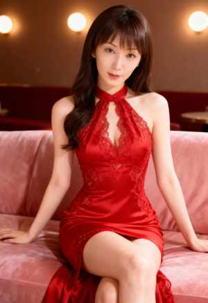 赤いチャイナドレスを着た若い女性が柔らかい光に照らされてピンクのソファに座っている様...。