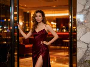 夜の豪華なホテルのロビーのガラス扉の前に立つ女性を横から撮ったフォトリアルな撮影。