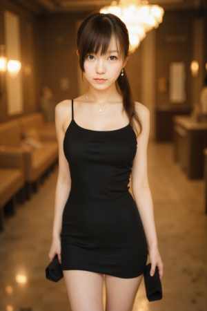 シャンデリアを背景に、薄暗い廊下に黒いドレスを着て自信を持って立っている若い女性を、...。