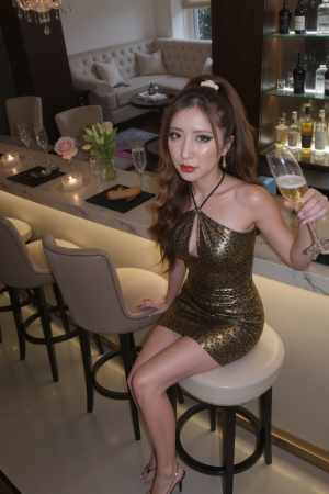 ヒョウ柄のドレスを着て、シャンパンのグラスを持ち、バーに座っている女性を横から撮った...。