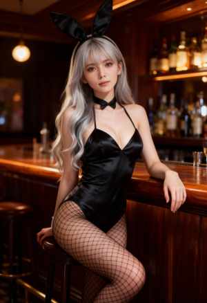 黒いバニーの衣装を着てバーに座り、自信を持ってポーズをとる若い女性を横から撮った写実...。
