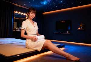 ホテルの部屋のベッドに座り、白いタオルの束を持ち、カメラに向かって微笑んでいる若い女...。