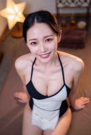 床に座ってカメラに向かって微笑む若い女性を空撮したフォトリアルな撮影。