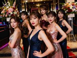 花で飾られた豪華なエントランスの前で、アジア人女性 7 人が列に並び、写真を撮っている。