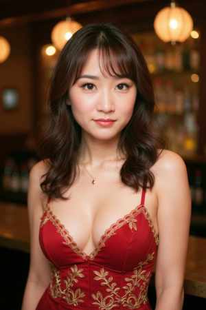薄暗いバーの中で、ポートレートカメラの角度から撮影された、写実的なアジアの若い女性の...。