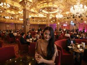 高級レストランのテーブルに座ってウィスキーのグラスを持ち、大勢の人々に囲まれている女...。