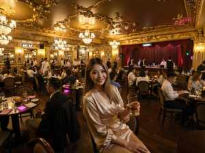 高級レストランに座ってビールのグラスを持ち、カメラに向かって微笑む女性を正面から写実...。