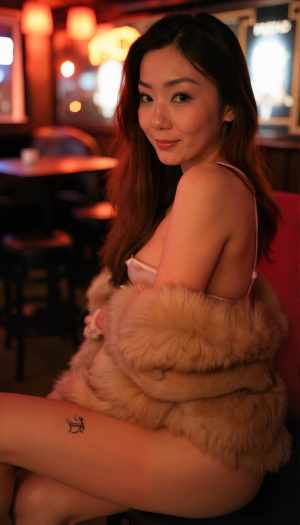薄暗いレストランで毛皮のコートを着て座っている若い女性を横から撮った写実的な写真。