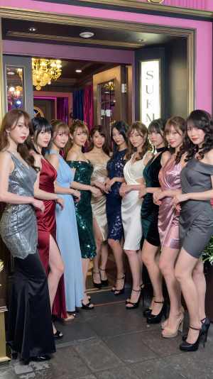 キャバクラの豪華な入り口の前に並ぶ9人のキャバクラ嬢グループ。