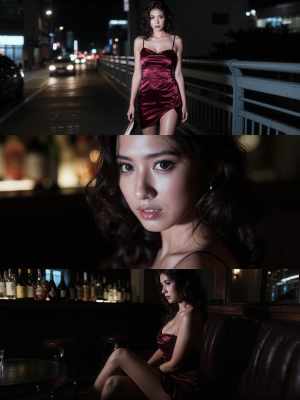 夜の街路で自信を持ってポーズをとる赤いサテンのドレスを着た女性をフィーチャーした、複...。
