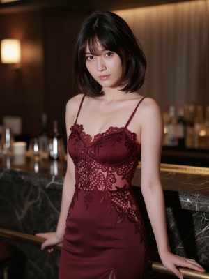 薄暗いレストランのバーカウンターにもたれかかるバーガンディのレースのドレスを着た若い...。