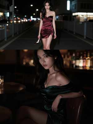 夜の薄暗い屋外の環境で、豪華なバーガンディのサテンのドレスを着てポーズをとる女性を正...。