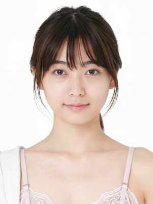 中性的な表情を持つ若い女性の写実的なポートレート。