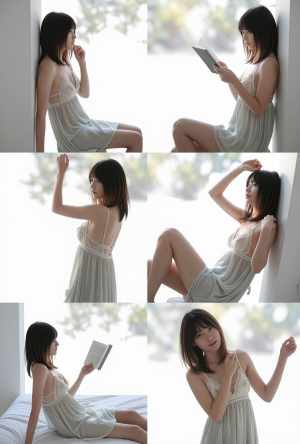 白いナイトガウンを着てベッドに座って本を読んでいる若い女性をフィーチャーした、9 枚...。