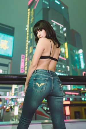ネオンが輝く街並みの中で、黒いブラジャーとブルー ジーンズを履いた若い女性が自信を持...。
