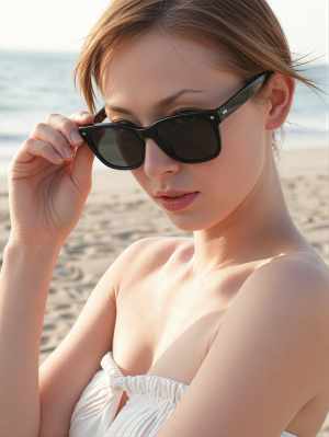 日中のビーチでサングラスをかけた若い女性をクローズアップ カメラ アングルから写実的...。