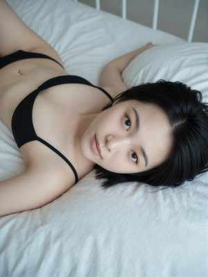 ベッドに横たわり、無表情でカメラを見つめる若い女性をクローズアップアングルから写実的...。
