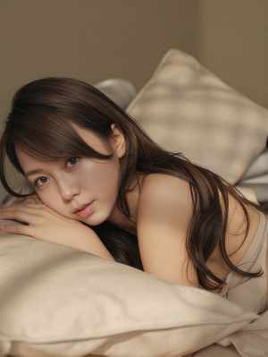 柔らかいベージュの枕と毛布を備えたベッドで休んで、思慮深い表情で見る人を見つめている...。