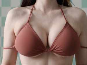 ビキニトップを着た女性の上半身をローアングルからクローズアップ撮影。