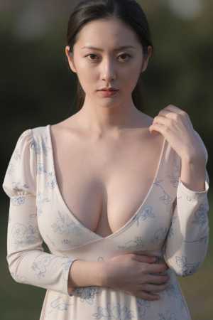爆乳青ドレス姿の魅力的な女性