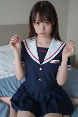 ベッドで青のドレスを着た美女