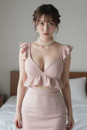 爆乳寝室でピンクのドレスを着た美女