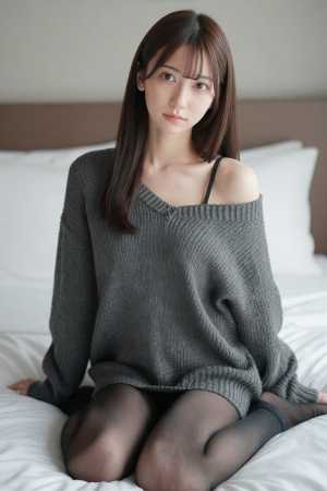 寝室で白のセーターを着た美女