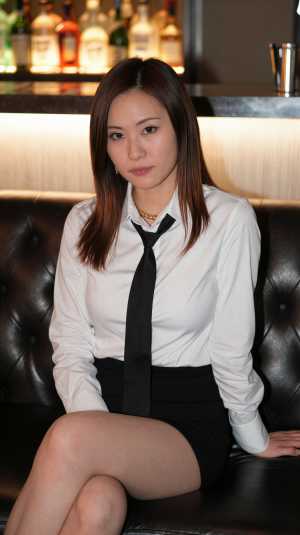 黒のシャツ姿でバーに佇む女性