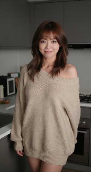 キッチンでのセーター姿の女性