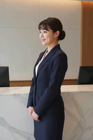 ネイビーのブレザー姿でホテルに佇む女性