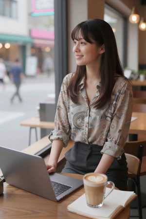 カフェでアイデアを練る女性