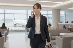 空港ラウンジで電話するビジネスマン