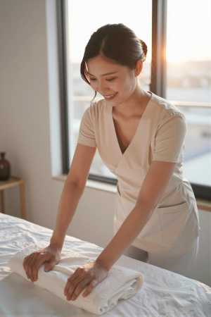 ユニフォーム姿でスパにくつろぐ美女