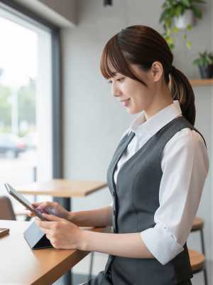 モダンカフェで予約を管理する店員