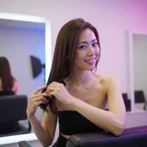 美容室で髪をケアする女性