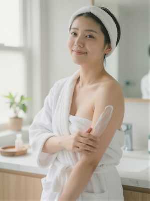 洗面所でボディローションを塗る女性