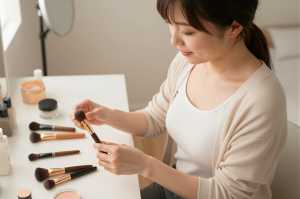 寝室でメイク道具を整理する女性