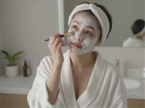 洗面所でクレイマスクを塗る女性