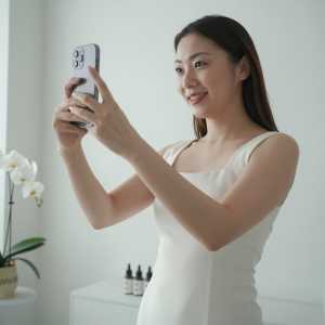 スタジオで美肌セルフィーを撮る女性