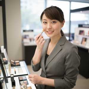 コスメカウンターでファンデを試す女性