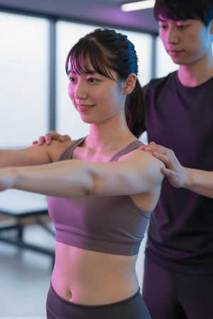 リハビリ運動のフォームを指導する理学療法士