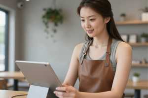 モダンカフェで予約を確認する女性