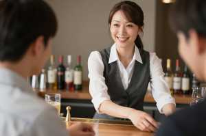 バーで客と談笑するバーテンダー