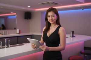 巨乳モダンクラブでタブレット操作する女性