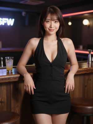 バーでの笑顔で招くドレス姿